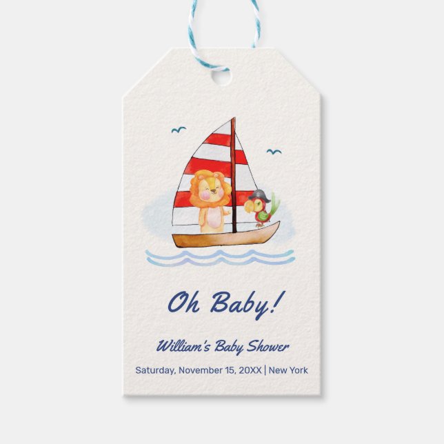 Whimsical Nautical Wild Lion Sailboat Babydusche Geschenkanhänger (Vorderseite)