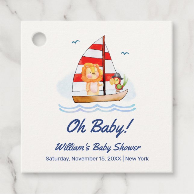 Whimsical Nautical Wild Lion Sailboat Babydusche Geschenkanhänger (Vorderseite)