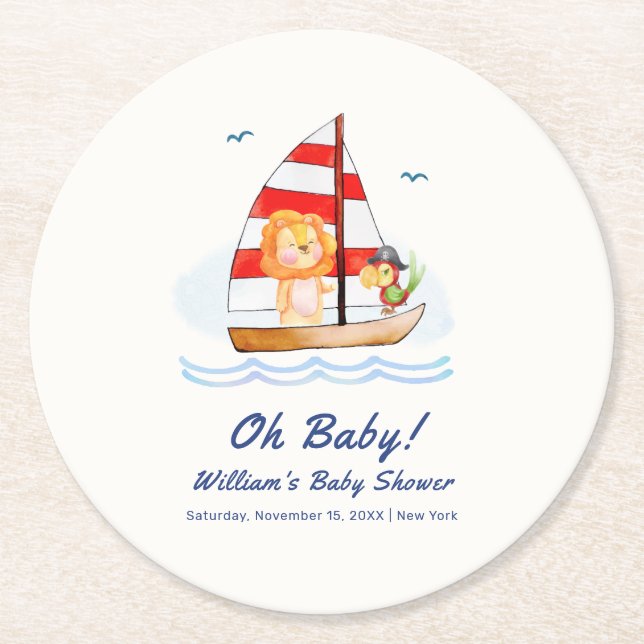Whimsical Nautical Wild Lion Sailboat Babydusche Runder Pappuntersetzer (Vorderseite)