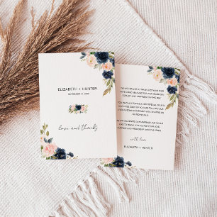 Whimsical Navy Blue & Blush Pink Floral Wedding Dankeskarte