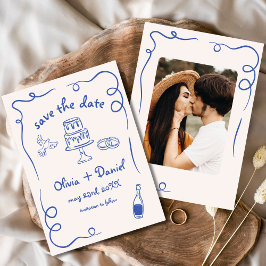 Whimsical Navy Blue Hand Drawn Wedding Foto Save The Date