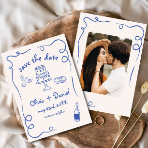 Whimsical Navy Blue Hand Drawn Wedding Foto Save The Date