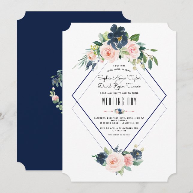 Whimsical Navy Blush Bloral Hochzeit Einladung (Vorne/Hinten)