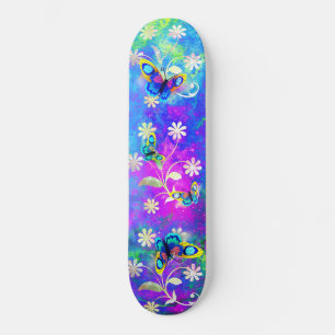 Whimsical Neon Wonderland Blume Schmetterlinge Skateboard