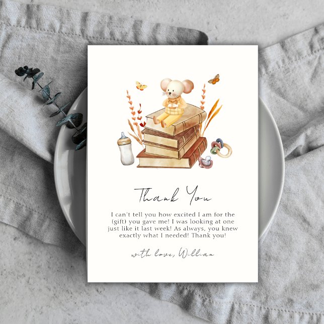 Whimsical Neutral Boho Book Mouse Kinderdusche Dankeskarte (Whimsical Neutral Boho Book Mouse Baby Shower Thank You Card)