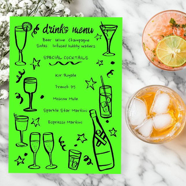 Whimsical NEW YEAR Party Cocktail Drinks Custom  Menükarte (Whimsical NEW YEAR Party Cocktail Drinks Custom Menu Neon Lime Green 
)