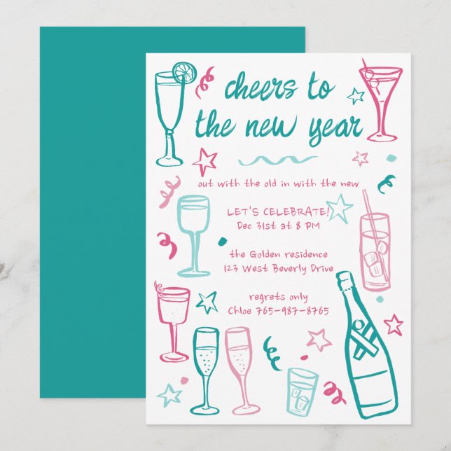 Whimsical NEW YEAR Party Cocktail Drinks nach Maß Einladung (Vorne/Hinten)