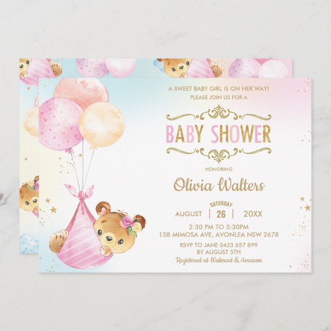 Whimsical Niedlich Bear Balloons Baby Shower Girl Einladung (Vorne/Hinten)