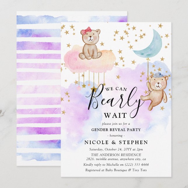 Whimsical Niedlich Bearly Wait Gender Reveal Party Einladung (Vorne/Hinten)