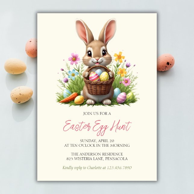 Whimsical Niedlich Bunny Rabbit Floral Ostereier J Einladung (Whimsical Cute Bunny Rabbit Floral Easter Egg Hunt Invitation)