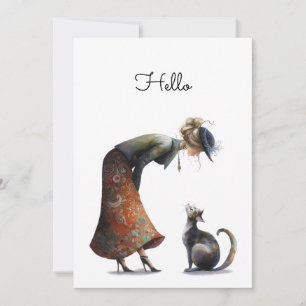 Whimsical Niedlich Cat and Lady Hello Flat Karte