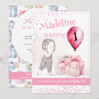 Whimsical Niedlich Girl 1. Geburtstag Pink Balloon Einladung