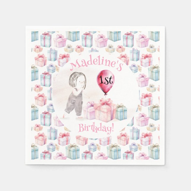 Whimsical Niedlich Girl 1. Geburtstag Pink Balloon Serviette (Vorderseite)