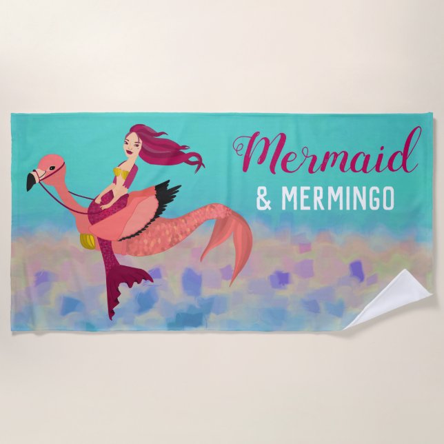 Whimsical Niedlich Lila Mermaid & Pink Mermingo Strandtuch (Vorderseite)