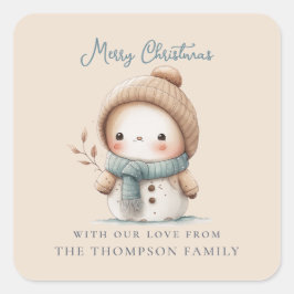 Whimsical Niedlich Snowman Name Frohe Weihnachten Quadratischer Aufkleber