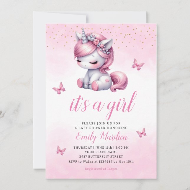 Whimsical Niedlich Watercolor Einhorn Girl Dusche Einladung (Vorderseite)