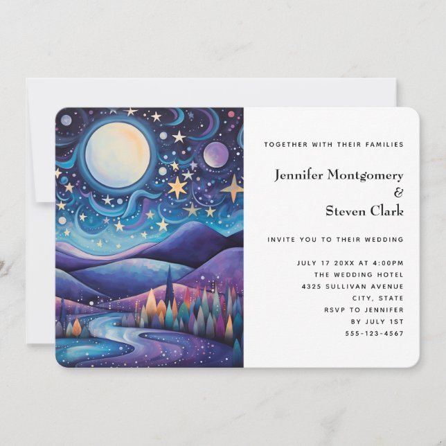 Whimsical Night Big Moon Landschaft Hochzeit Einladung (Vorderseite)