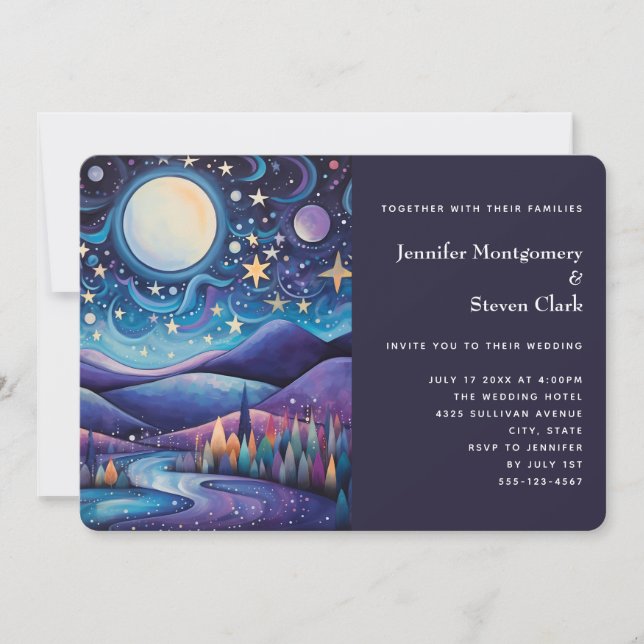 Whimsical Night Big Moon Landschaft Hochzeit Einladung (Vorderseite)