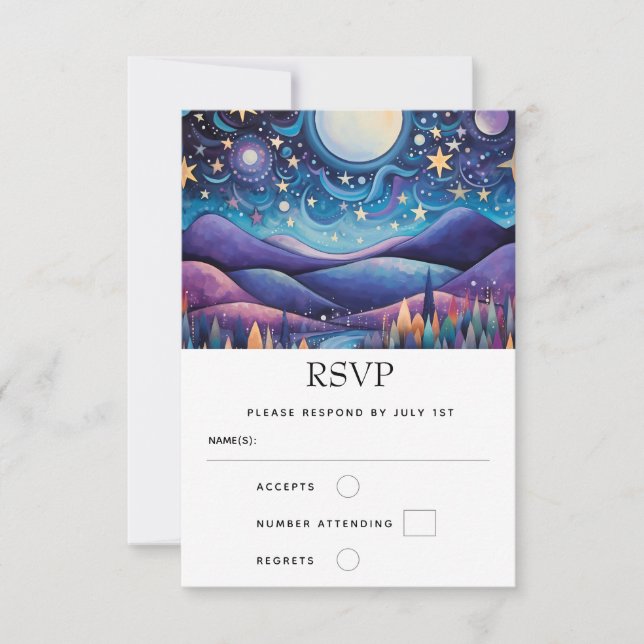Whimsical Night Big Moon Landschaft Hochzeit RSVP Karte (Vorderseite)