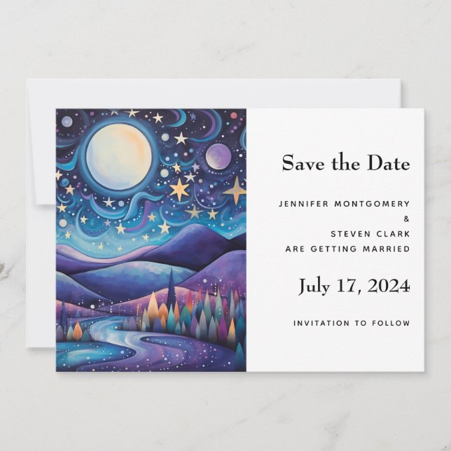 Whimsical Night Big Moon Landschaft Hochzeit Save The Date (Vorderseite)