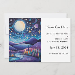 Whimsical Night Big Moon Landschaft Hochzeit Save The Date