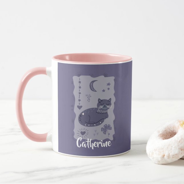 Whimsical Night Cat Folk Art Custom Mug Tasse (Mit Donut)