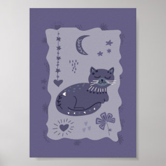 Whimsical Night Cat Volkskunstposter Poster