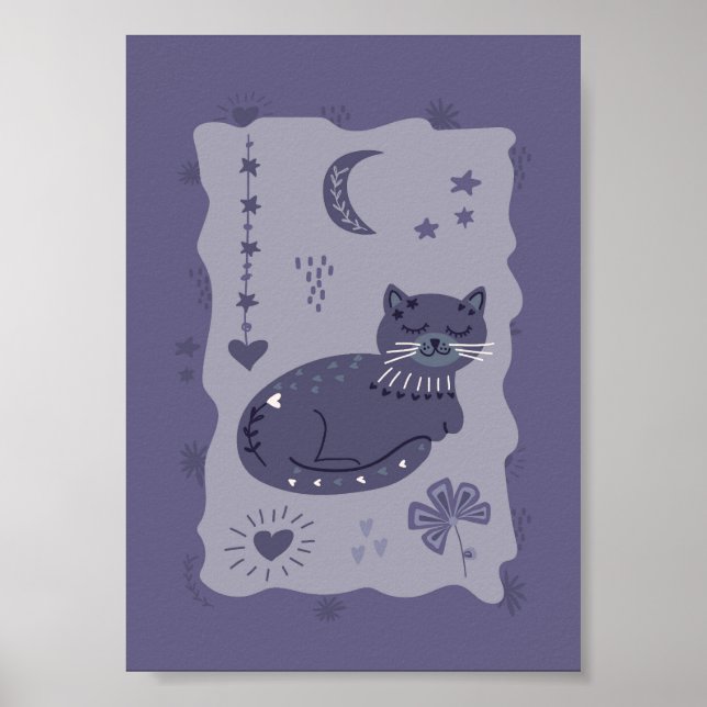 Whimsical Night Cat Volkskunstposter Poster (Vorne)