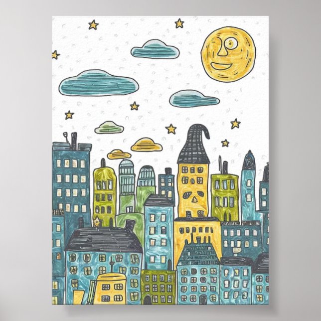 Whimsical Night Cityscape - spielerisch handGezeic Poster (Vorne)