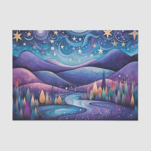 Whimsical Night - Fluss, Bäume und Berge Seidenpapier (Vorderseite)