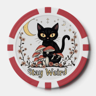 Whimsical noir cat framed by red mushrooms and pal pokerchips