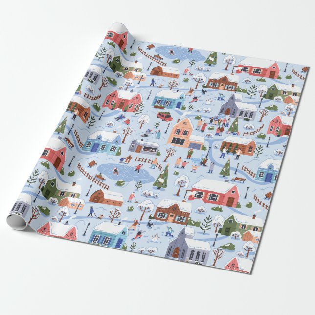Whimsical Nordic Hygge Christmas Village Pastel Geschenkpapier (Ungerollt)