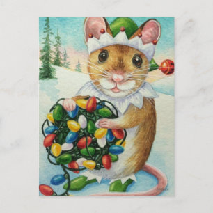 Whimsical North Pole Elf Mouse Wasserfarbe Kunst Postkarte