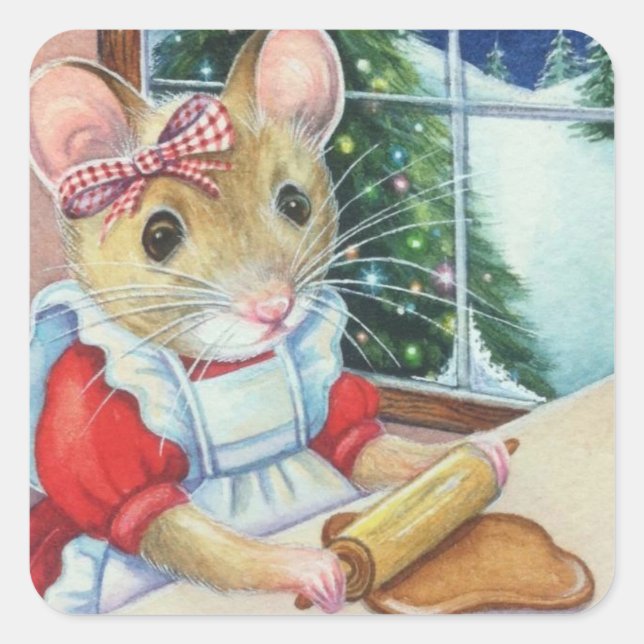 Whimsical North Pole Gingerbread Baker Mouse Art Quadratischer Aufkleber (Vorderseite)