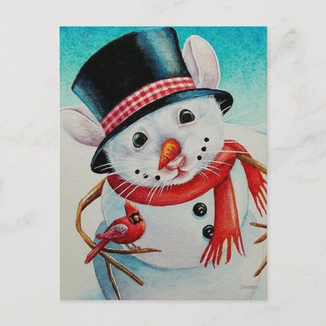 Whimsical North Pole Snowman Mouse Wasserfarbe Kun Postkarte (Vorderseite)