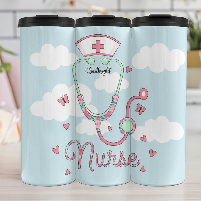 Whimsical Nurse Stethoscope Butterfly Clouds Thermosbecher (Von Creator hochgeladen)