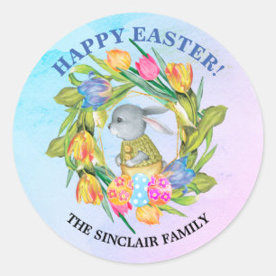 Whimsical Oaster Bunny Eggs Tulips Runder Aufkleber