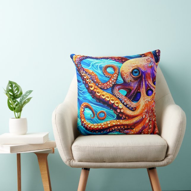 Whimsical Octopus Blue Ocean Wave Cubism Kissen (Stuhl )