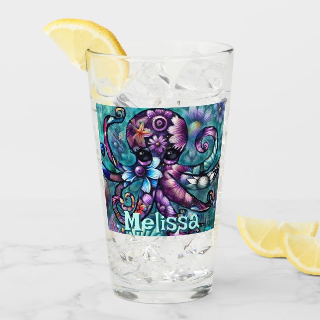 Whimsical Octopus Floral Aquamarin Küsten Personal Glas (Vorderseite Ice)