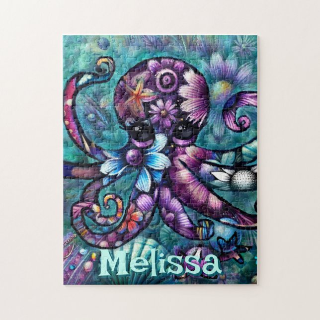 Whimsical Octopus Floral Aquamarin Küsten Personal Puzzle (Vertikal)