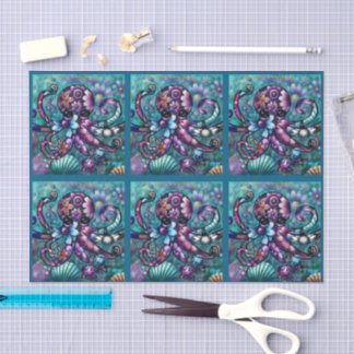 Whimsical Octopus Floral Teal Coastal Decoupage Seidenpapier