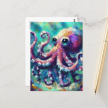 Whimsical Octopus Oil Painting Nautical Beach