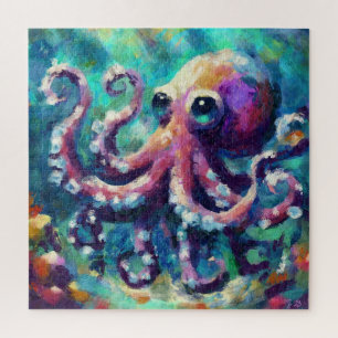 Whimsical Octopus Oil Painting Nautical Beach Puzzle