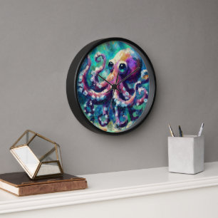 Whimsical Octopus Oil Painting Nautical Beach Uhr