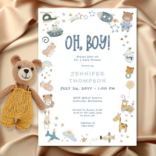 Whimsical Oh Boy Watercolor Doodle Babyparty Einladung