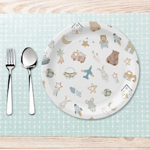 Whimsical Oh Boy Watercolor Doodle Kinderdusche Pappteller