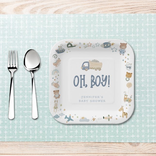 Whimsical Oh Boy Watercolor Doodle Kinderdusche Pappteller (Whimsical Oh Boy Watercolor Doodle Baby Shower Paper Plates)