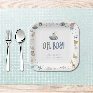 Whimsical Oh Boy Watercolor Doodle Kinderdusche Pappteller