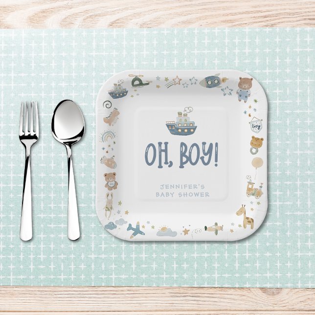 Whimsical Oh Boy Watercolor Doodle Kinderdusche Pappteller (Whimsical Oh Boy Watercolor Doodle Baby Shower Paper Plates)