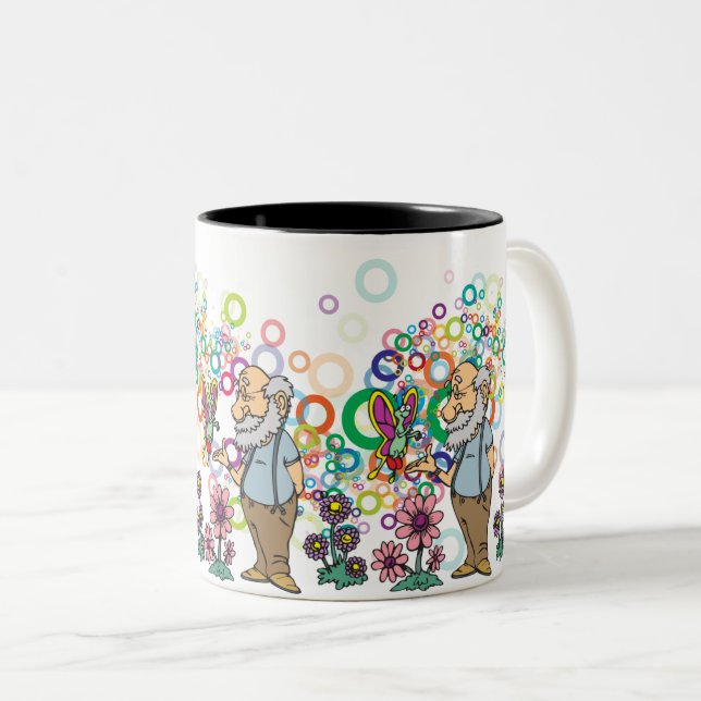 Whimsical Old Man: Butterfly Garden & Bubbles Zweifarbige Tasse (VorderseiteRechts)